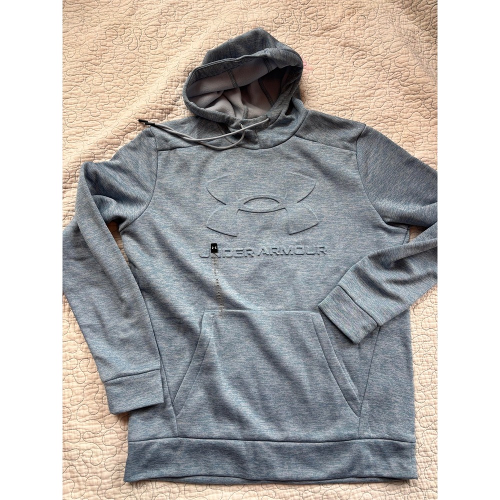 Under Armour Mens Hoodie Blue Heather Embossed Logo Fleece Pullover Medium NWOT